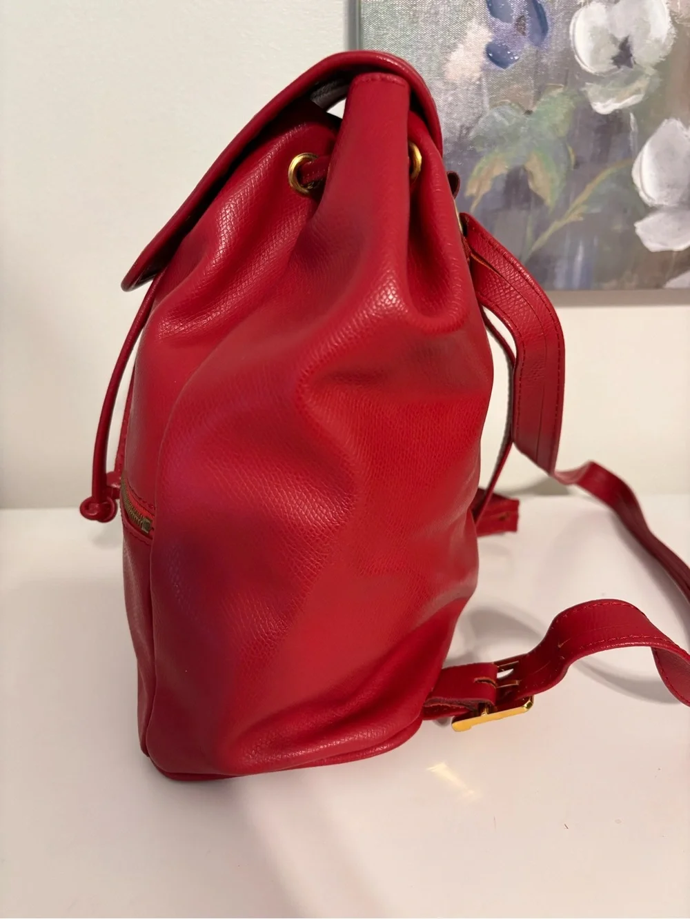 Vintage MCM München Red Leather Small Backpack Drawstring Flap Gold Hardware